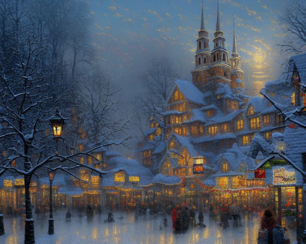Snow-covered market at dusk with illuminated stalls & half-timbered building