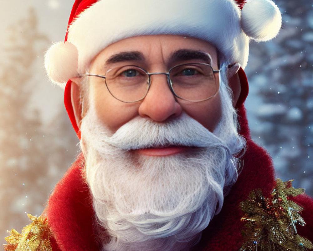 Person in Santa Claus costume with white beard and round glasses in snowy scene