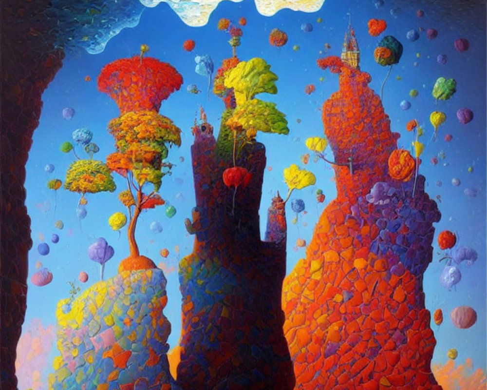 Vibrant surrealist painting of floating islands and whimsical trees under a blue sky