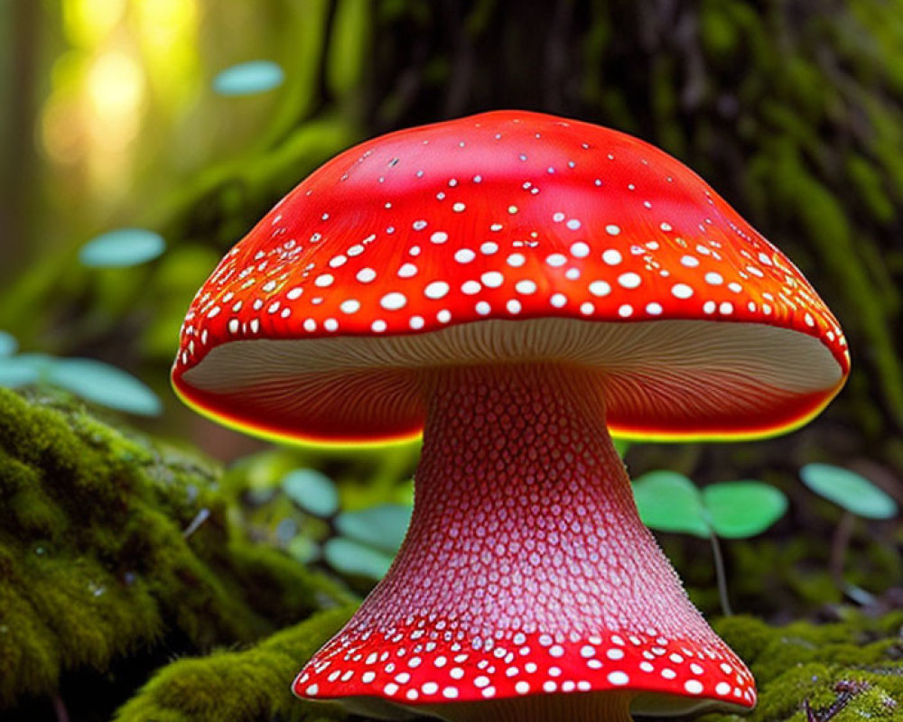 Red Mushroom with White Spots in Green Forest Environment