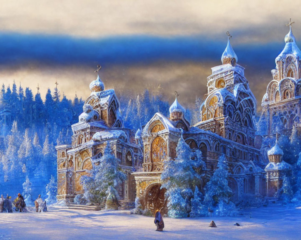 Ornate churches in snow-covered winter forest with mystical sky