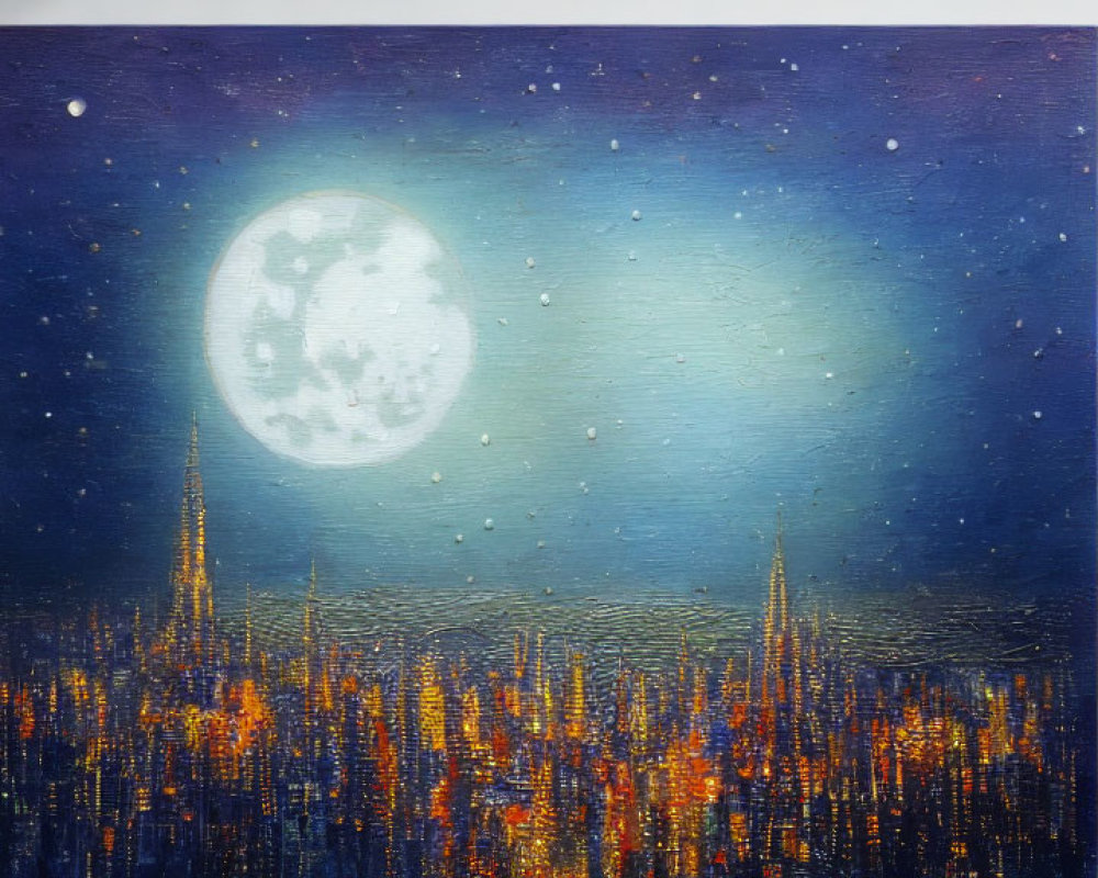 Night Sky Canvas Painting with Full Moon and Cityscape Lights