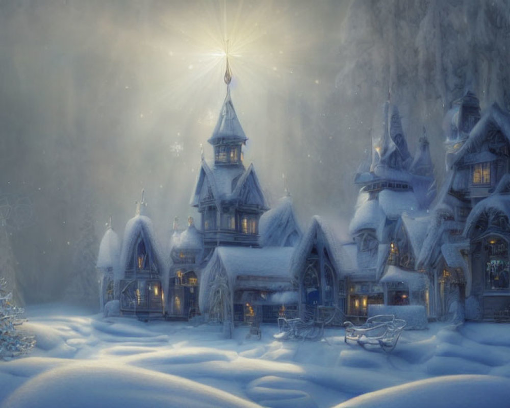 Snow-covered houses and gleaming star in magical winter scene