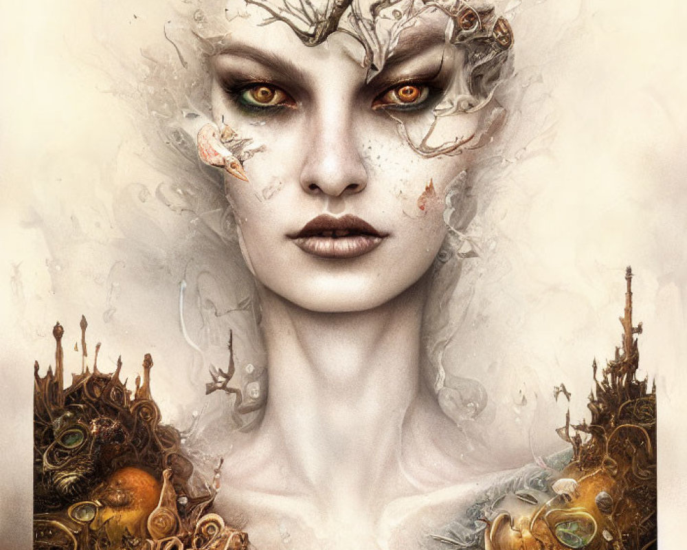 Surreal portrait of woman with intricate headpiece and steampunk elements