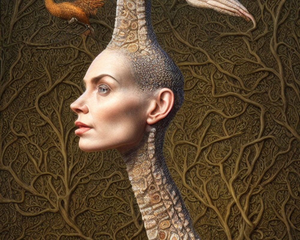 Surreal portrait: human face, giraffe neck, branches, bird