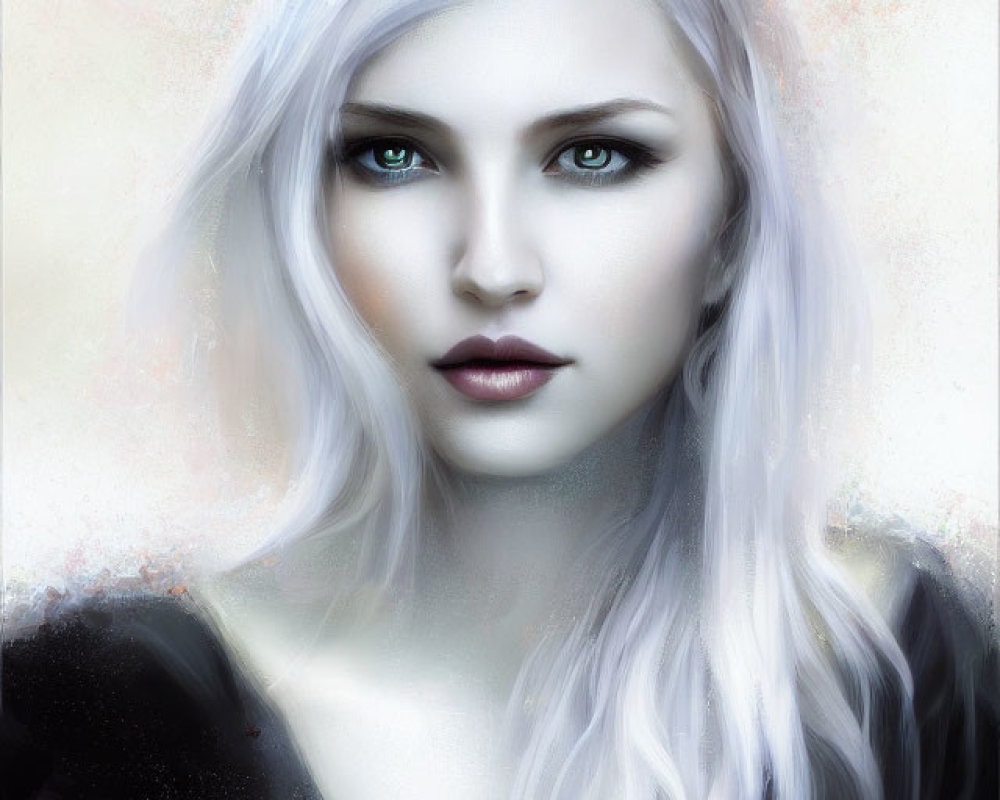 Pale-skinned woman with blue eyes and white hair in digital portrait.