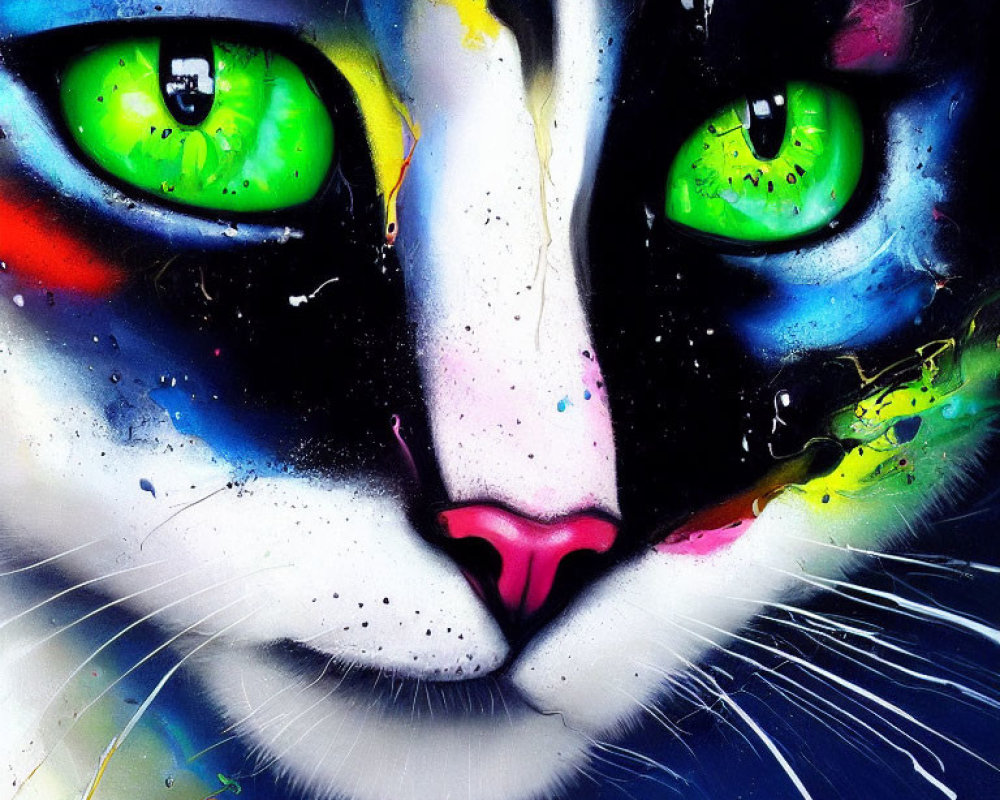 Colorful Cat Face Close-Up with Green Eyes and Paint Splashes