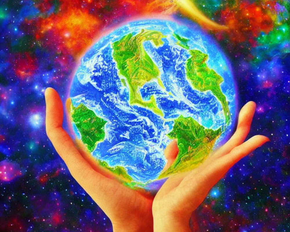 Hands cradle Earth in cosmic scene of protection