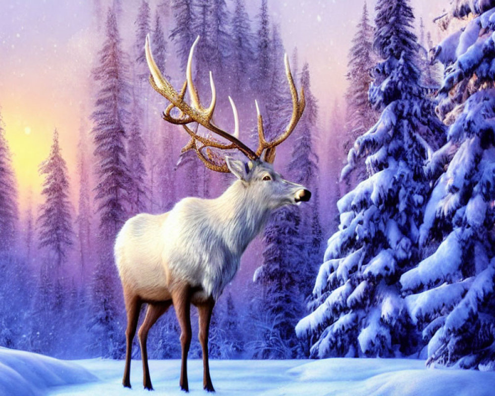 Majestic stag with large antlers in snowy forest at twilight