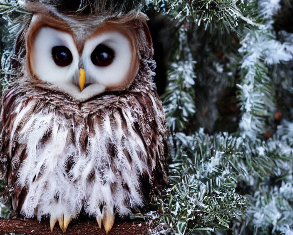 Plush Toy Owl on Frost-Covered Evergreen Branch