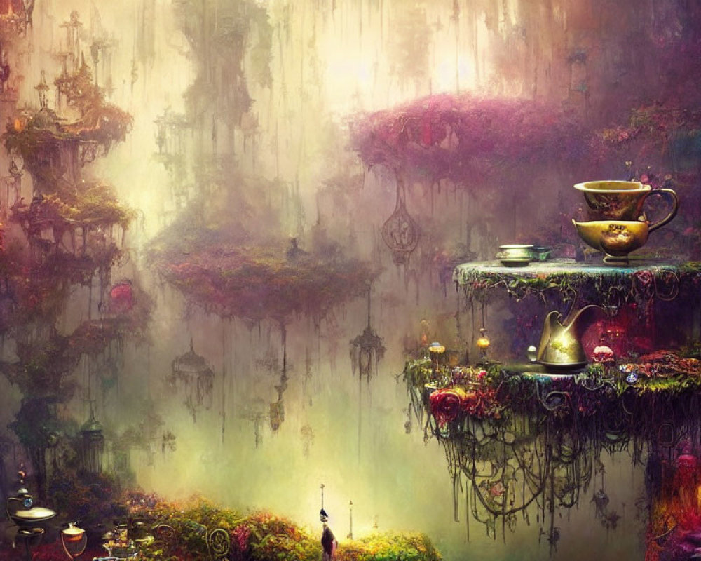 Fantasy landscape with floating islands, lush greenery, tea set, and mysterious structures in ethereal