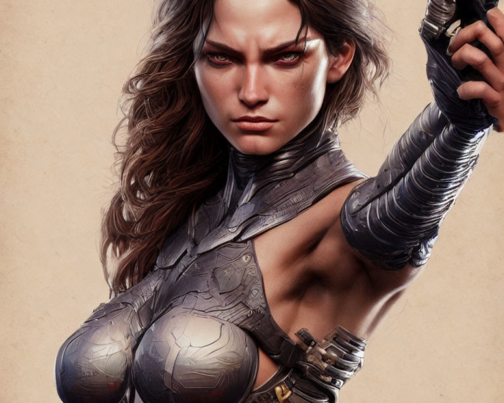 Female warrior with brown hair, red eyes, and metallic armor holding a gun