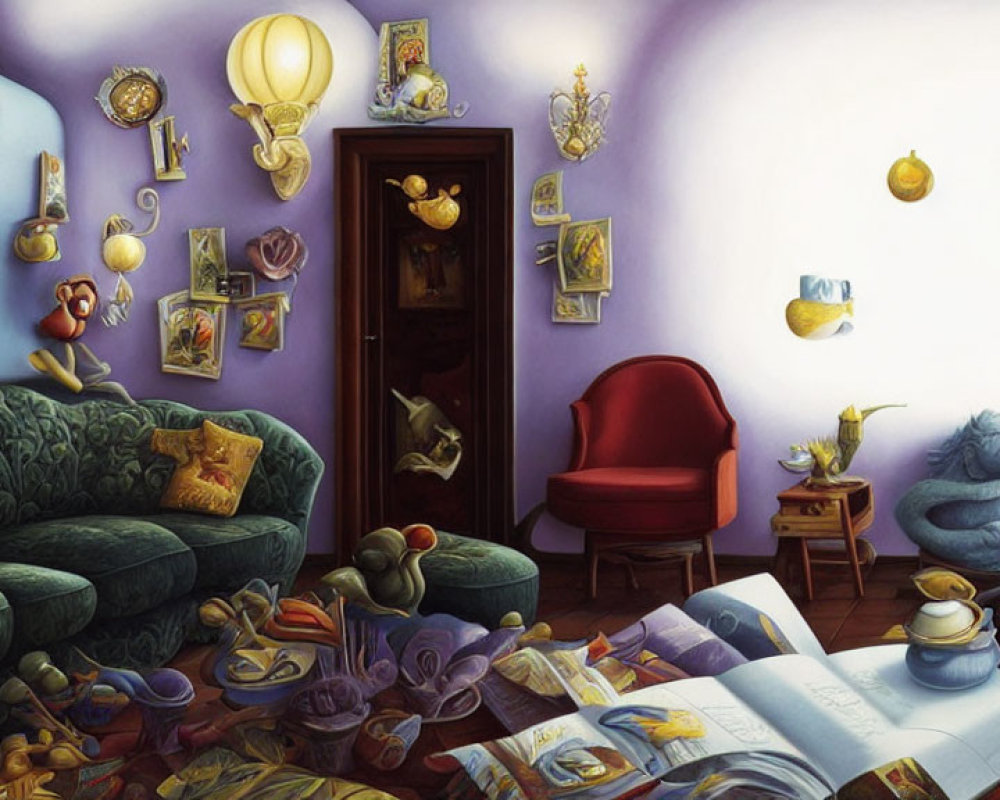 Floating furniture in whimsical lavender room with framed artworks