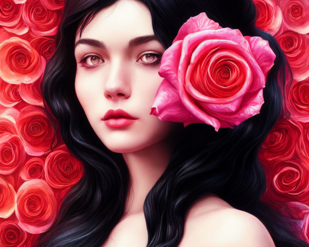 Digital artwork: Woman with dark hair and pale skin, pink rose by cheek, red roses backdrop