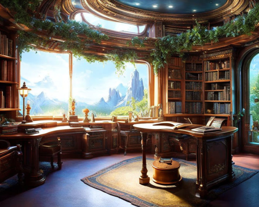 Sunlit fantasy library with towering bookshelves and mountain view