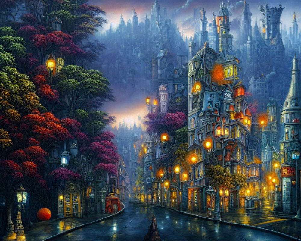 Whimsical artwork: Fantastical city at dusk with ornate buildings