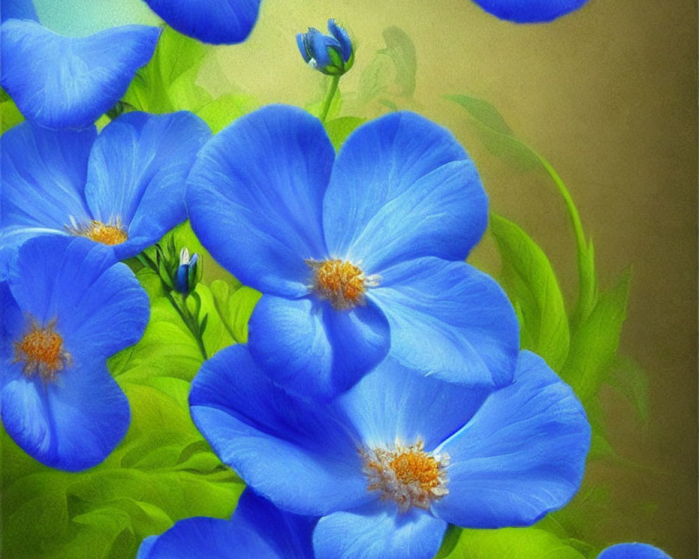 Bright Blue Flowers with Yellow Centers on Green Background