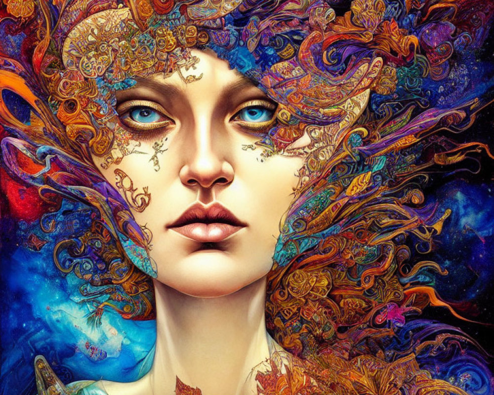 Colorful artwork of woman with blue eyes and intricate patterns.