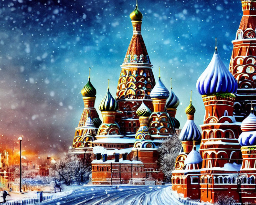 Snowy Night Scene: Illuminated St. Basil's Cathedral with Snow-Covered Street