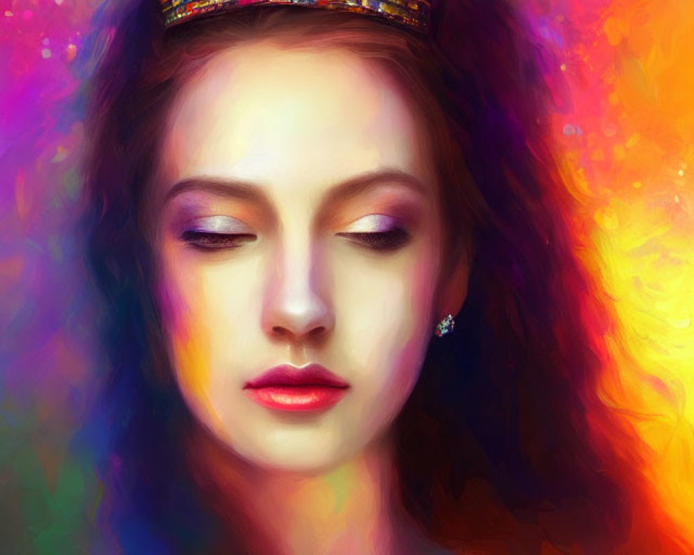 Serene woman with adorned crown and colorful abstract background