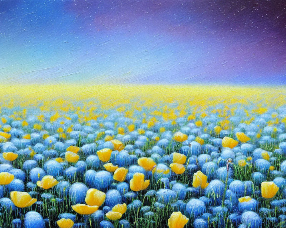 Field of Blue and Yellow Flowers Under Twilight Sky