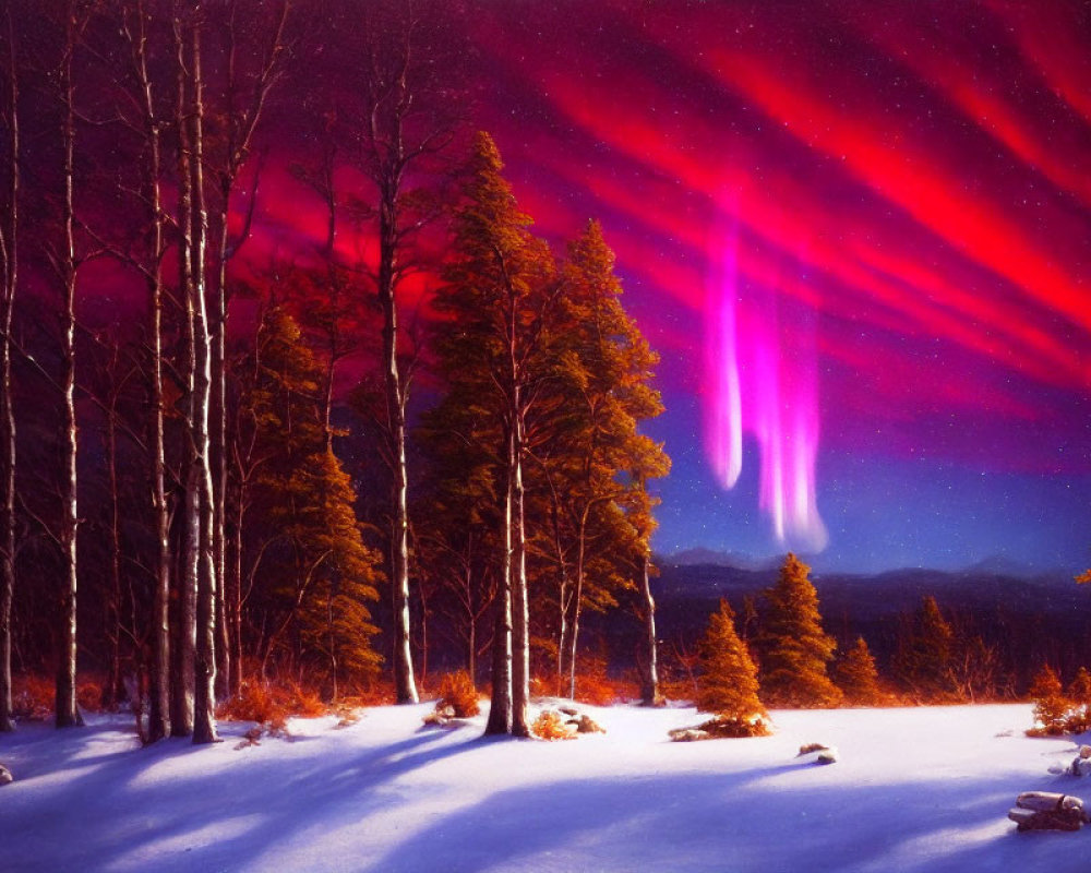 Snow-covered landscape with evergreens under aurora borealis