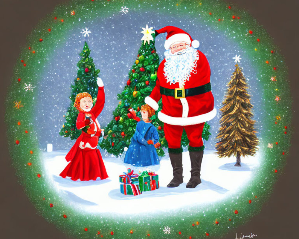 Santa Claus with boy and girl near Christmas trees and gifts in snow
