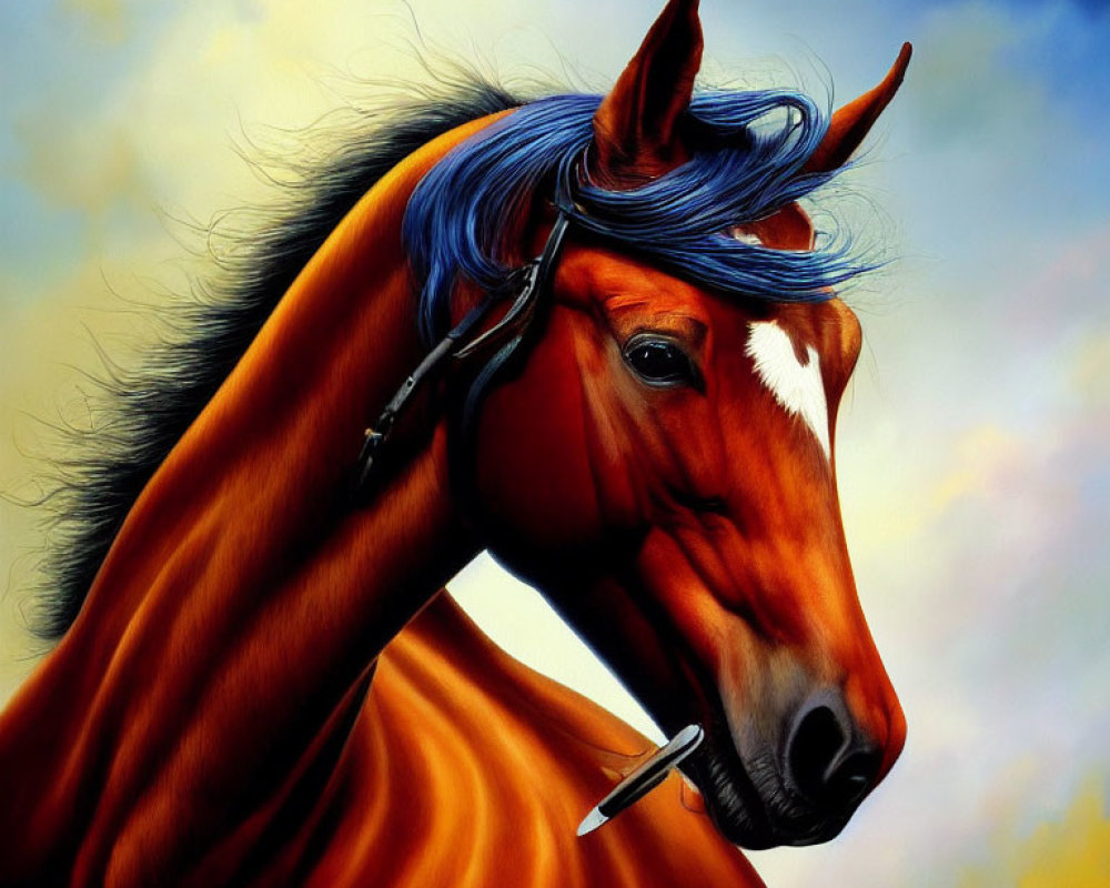 Vibrant orange horse with blue mane in stylized painting