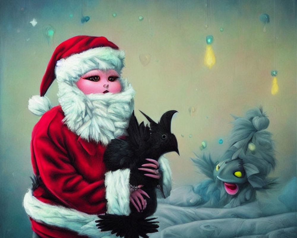 Whimsical Santa Claus with black bird and peeking creature