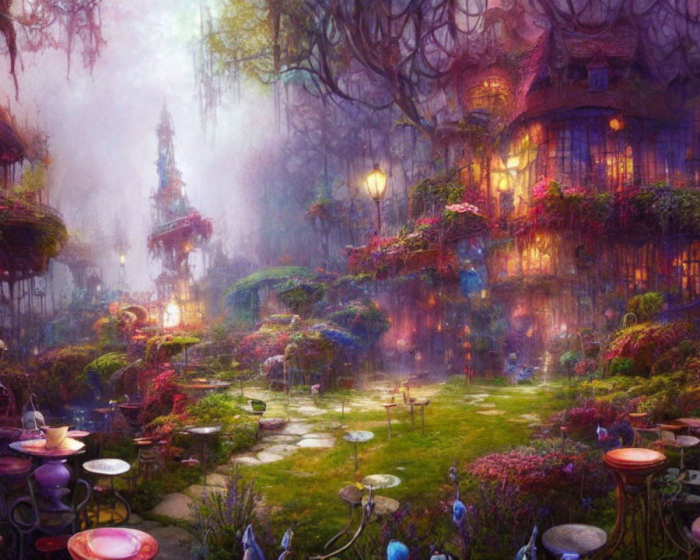 Colorful Fantasy Garden with Lush Foliage and Mushroom Structures