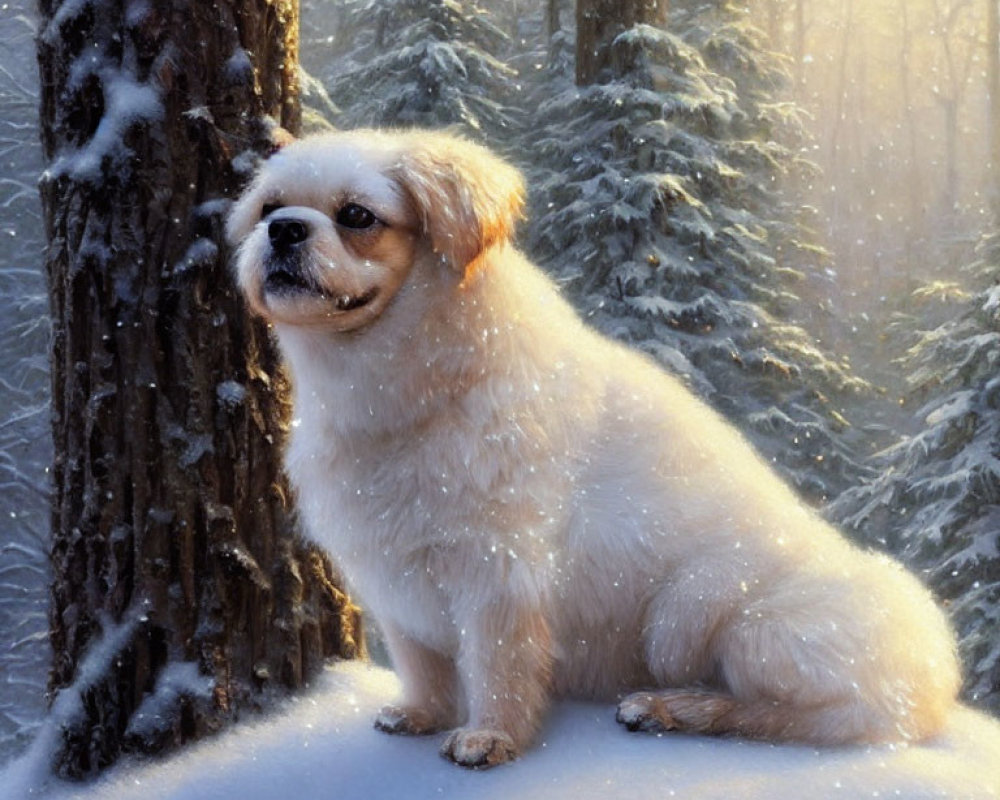 Cream-colored dog in snow-covered forest with falling snowflakes