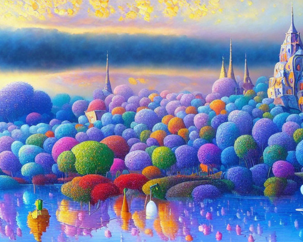 Colorful landscape painting with fluffy trees, reflective water, distant castle, and floating balloon