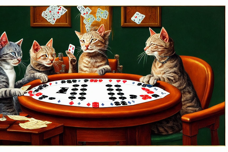 Anthropomorphic cats playing cards at round table with floating cards and poker chips