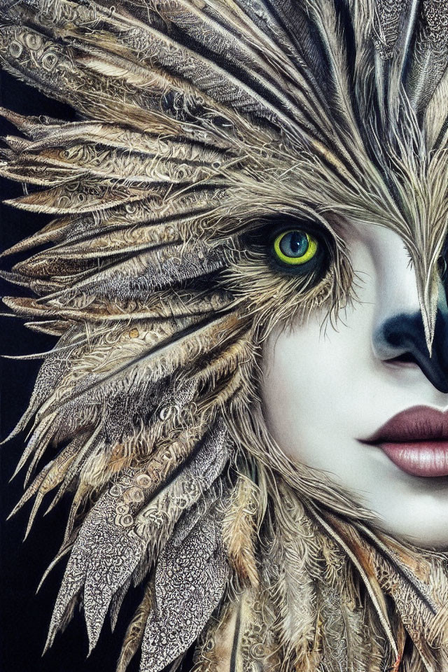 Detailed close-up portrait of person with intricate owl-like feather headpiece and striking green eye.