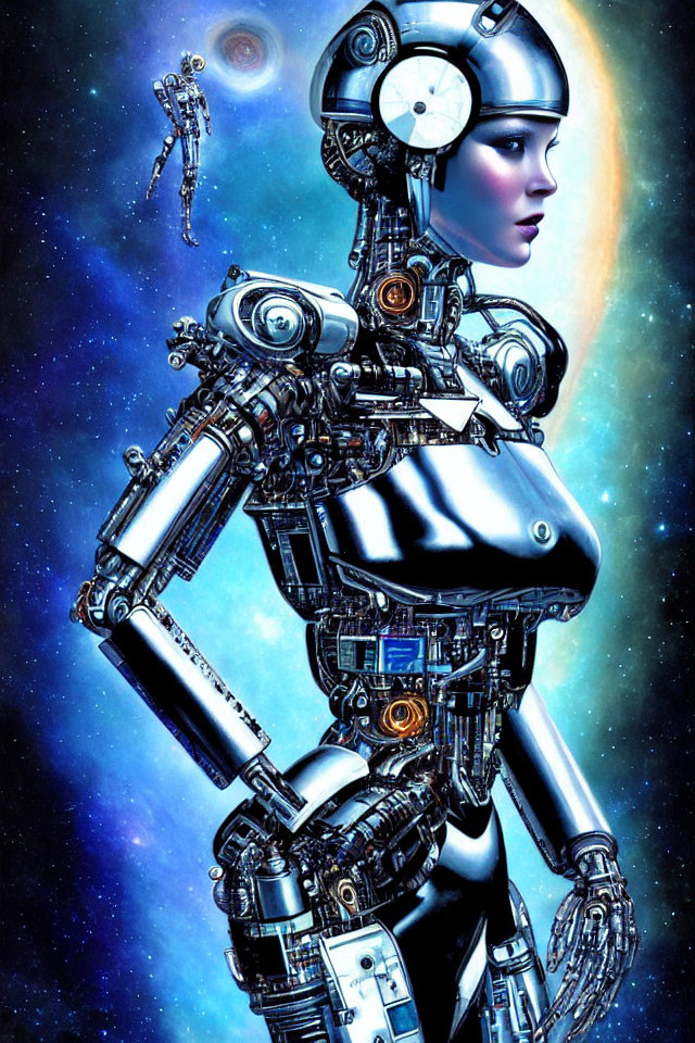Detailed humanoid robot with human-like face in space with stars and nebulae