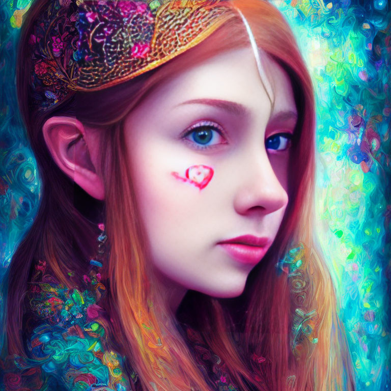 Colorful digital portrait of female with elf-like ears and heart on cheek