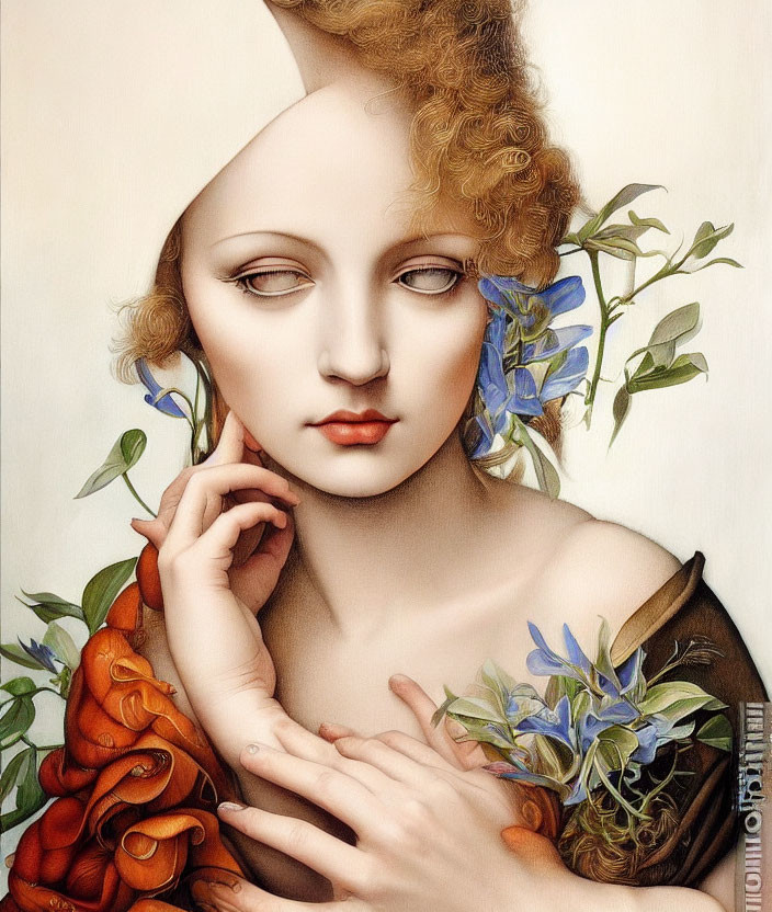 Surreal portrait of person with closed eyes and white headpiece amidst blue flowers and autumn ruffles