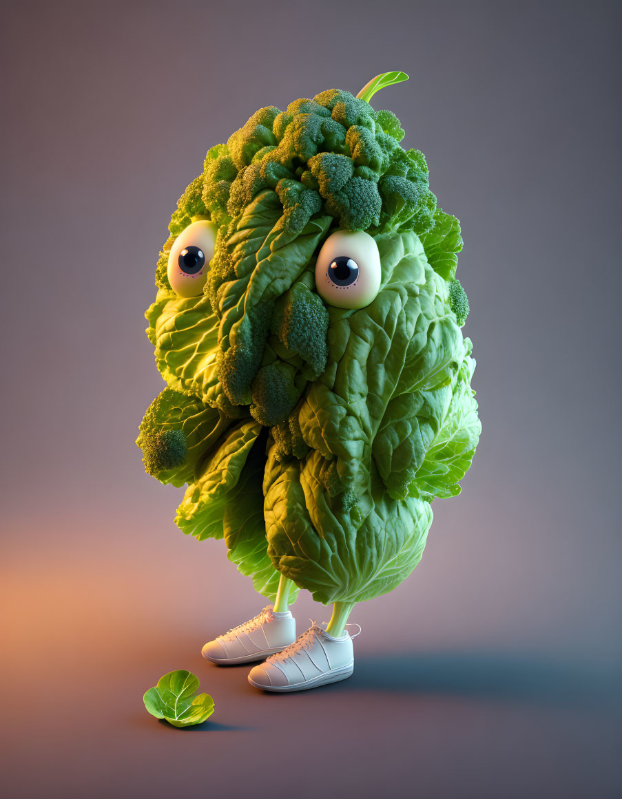 Anthropomorphic broccoli with large eyes and sneakers on gradient background