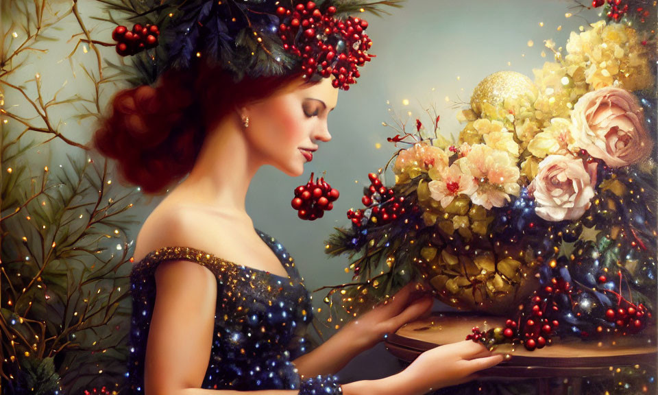 Portrait of woman with festive berries and pine, blue dress, next to glowing light bouquet