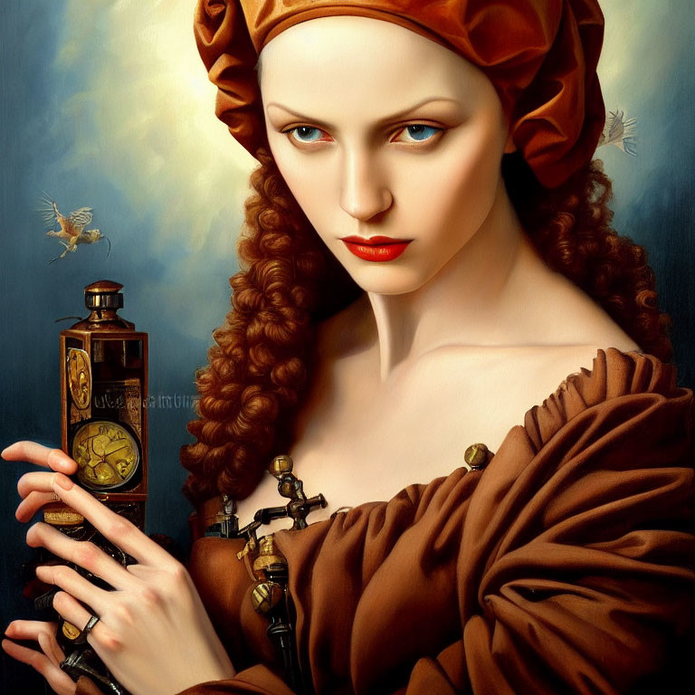 Portrait of woman in brown dress with antique objects and bees