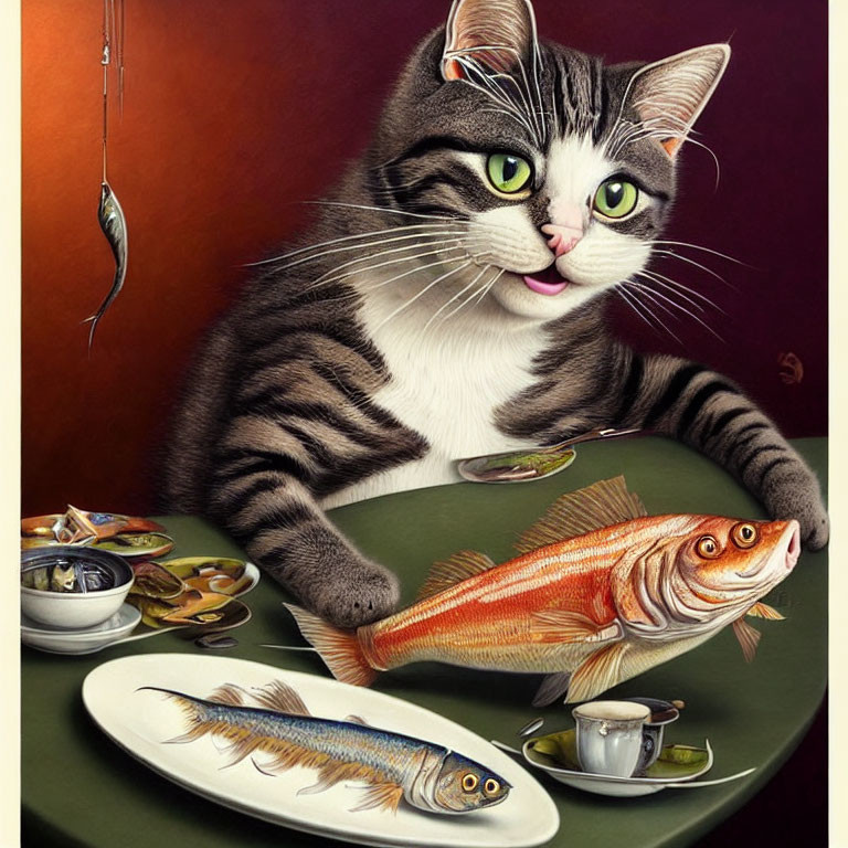 Illustration of large tabby cat with human-like eyes at table with fish and teacup