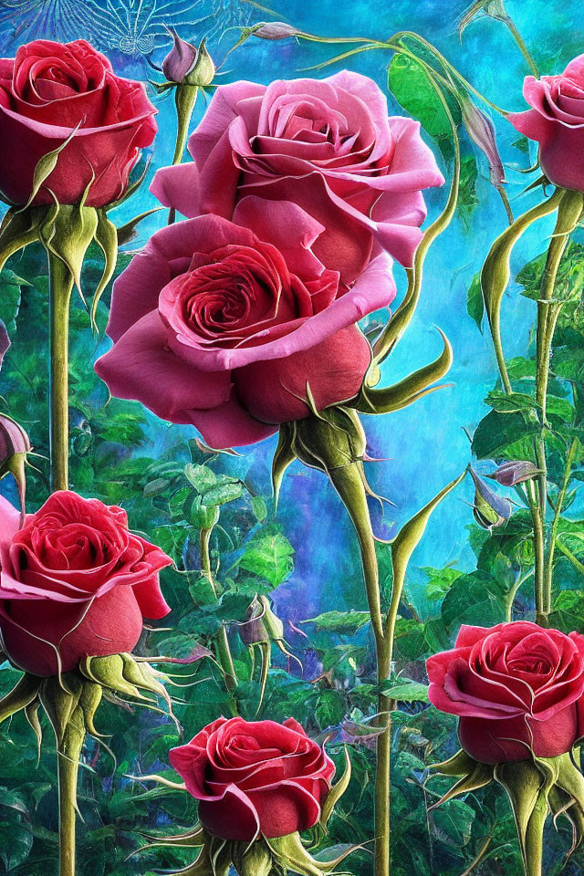 Vibrant red roses on blue backdrop with purple hues.