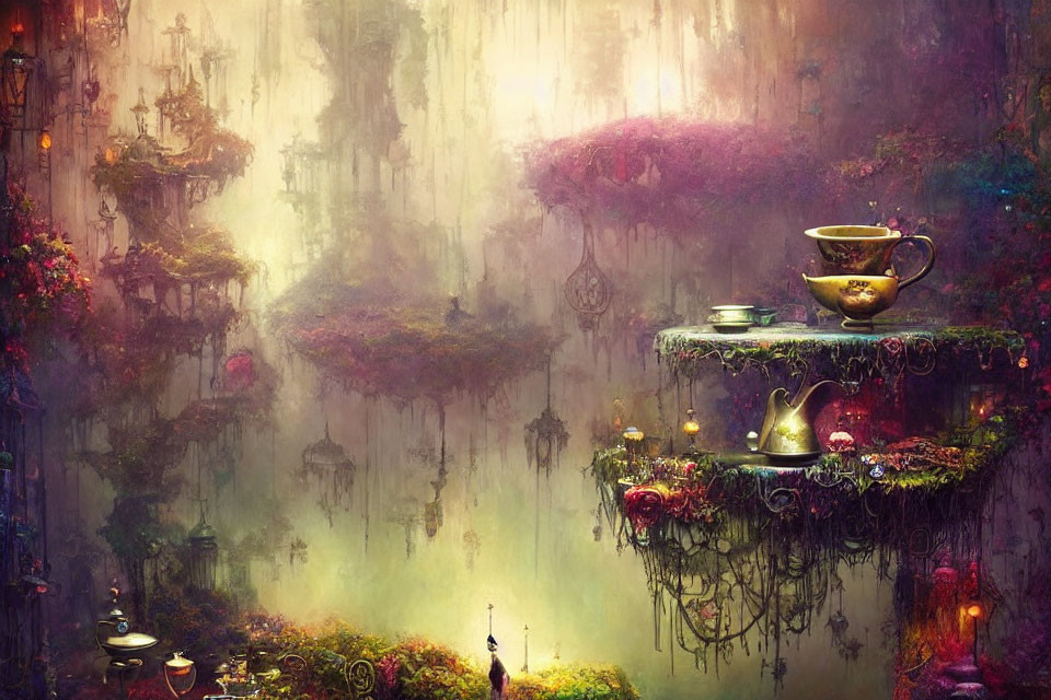 Fantasy landscape with floating islands, lush greenery, tea set, and mysterious structures in ethereal