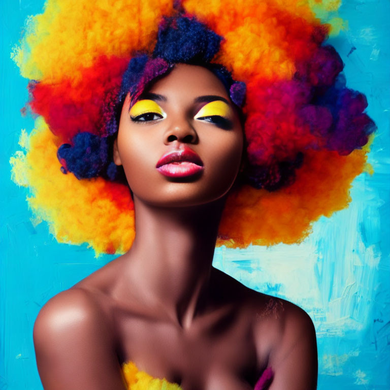 Vibrant multicolored afro hair and yellow eye makeup on woman against blue backdrop