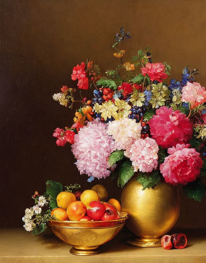Colorful Still Life Painting with Gold Vase and Fruit Bowl