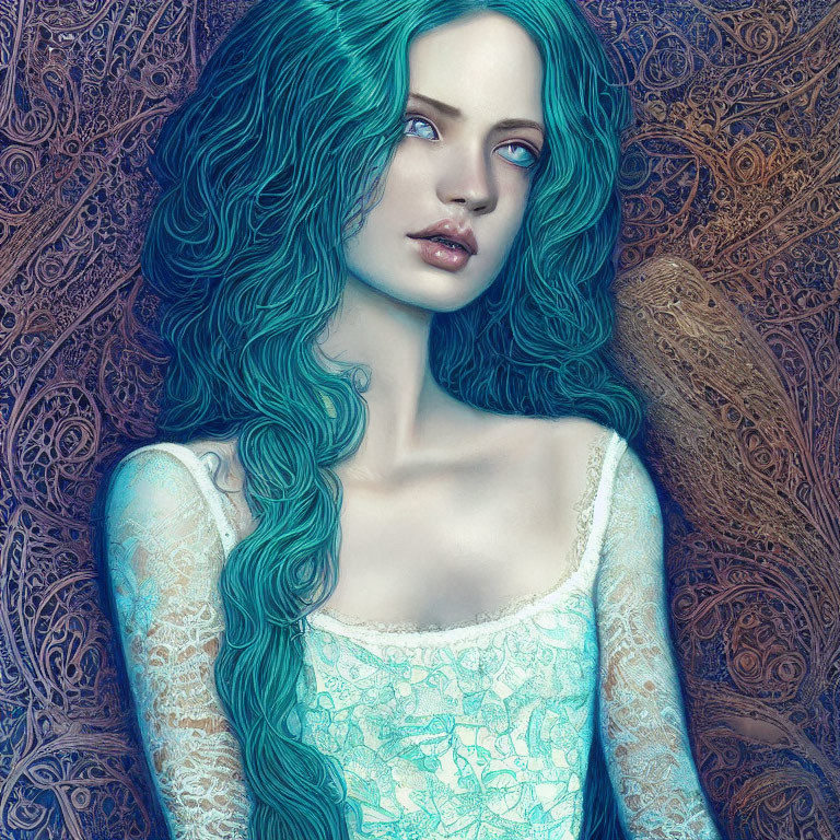 Digital artwork: Woman with turquoise hair in lace dress