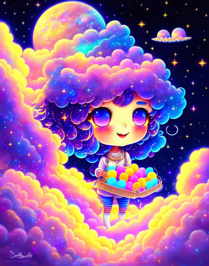 Colorful illustration of stylized girl with galaxy-themed hair holding tray of sweets against cosmic background
