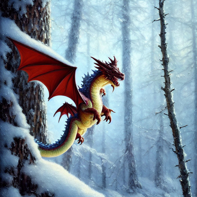 Red-winged dragon in misty snowy forest