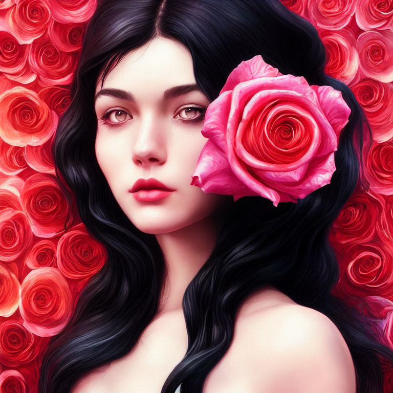 Digital artwork: Woman with dark hair and pale skin, pink rose by cheek, red roses backdrop