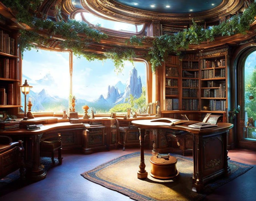 Sunlit fantasy library with towering bookshelves and mountain view